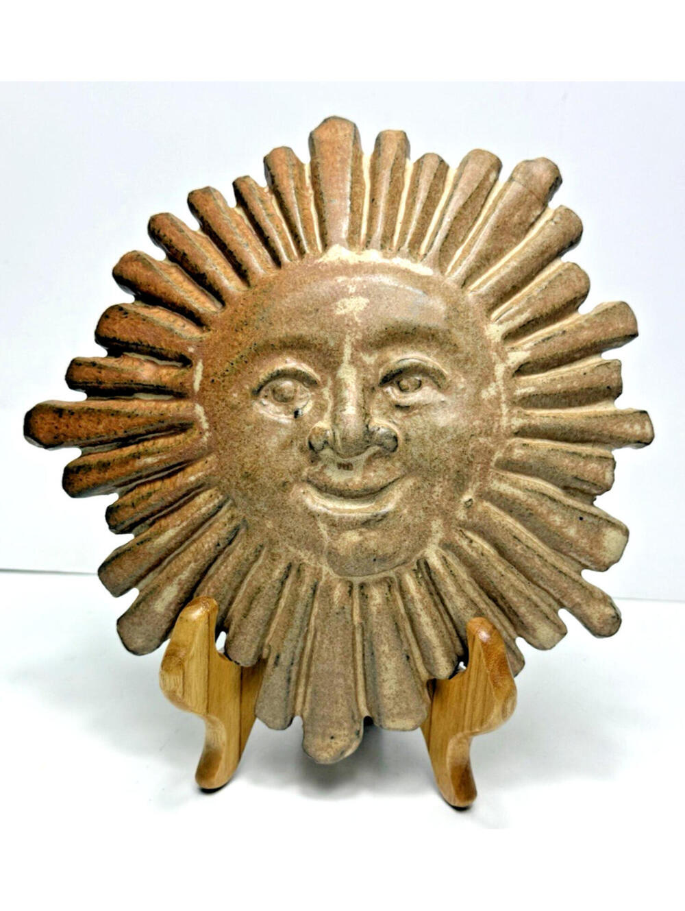 Vtg 90s Sun Face Pottery Wall Plaque Celestial Garden Decor Folk Art Whimsy